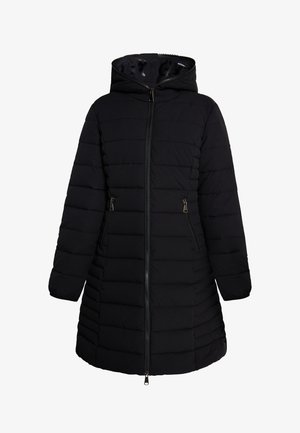 Manteau en duvet noir avec capuche, doté d'une fermeture éclair sur le devant et de deux poches latérales. Design matelassé avec une texture lisse.