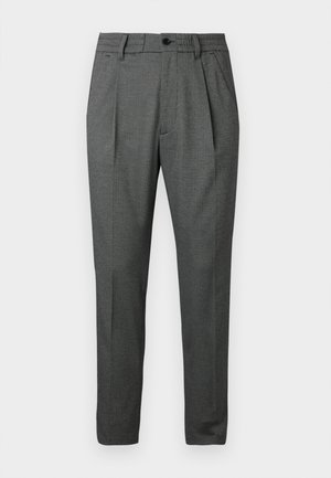Gray woven trousers with a textured finish, featuring a button closure, pleats at the front, and a tapered leg design.
