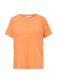 Oranges Baumwoll-T-Shirt mit rundem Halsausschnitt und kurzen Ärmeln. Mit einem kleinen, farblich passenden Logo auf der Brust. Schlichte, lockere Passform.