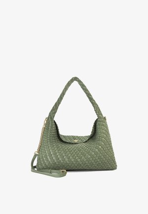 Sac à main en cuir tressé vert avec poignée courte, fermeture à rabat et bandoulière amovible ornée d'une chaîne dorée.