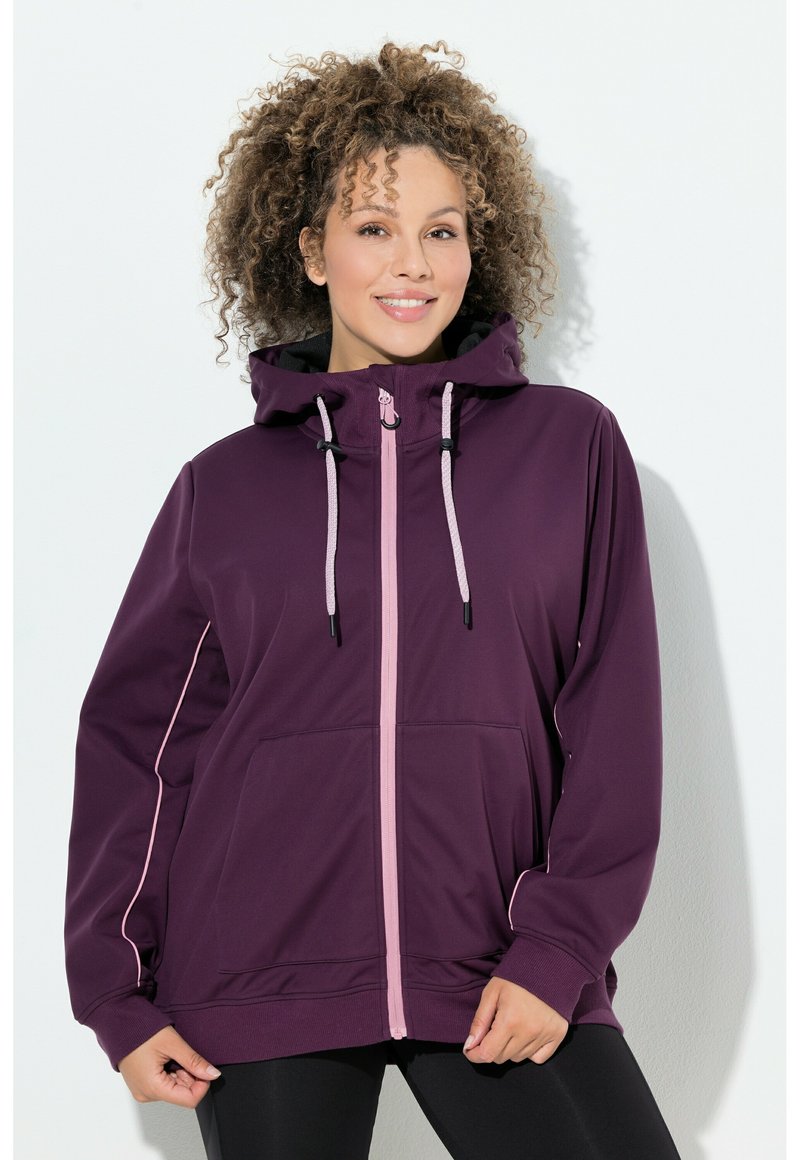 Purple hoodie with a zip front, contrasting pink accents, drawstring hood, and front pockets. Soft fabric with a relaxed fit design.