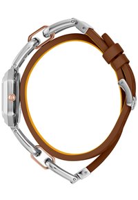 Brown leather strap watch with a silver case, featuring a rose gold accent and a vibrant yellow interior. Rounded shape with sleek hardware details.