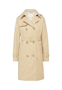 Beige trenchcoat met een dubbelbreasted ontwerp, knoopsluiting, ceintuur in de taille en zijzakken; gemaakt van soepel, lichtgewicht materiaal.