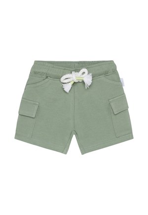 Zielone bawełniane szorty z elastycznym pasem, białym sznurowadłem i dwoma bocznymi kieszeniami, o luźnym, casualowym kroju.