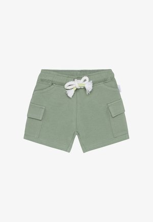 Grüne Baumwollshorts mit elastischem Bund, weißem Kordelzug und zwei seitlichen Taschen, in lässiger, entspannter Passform.