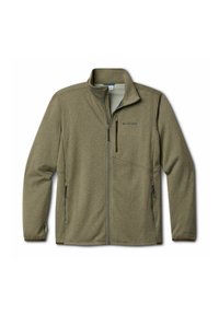 Giacca in pile verde oliva con zip a tutta lunghezza, colletto alto e due tasche laterali; presenta un tessuto testurizzato e una tasca sul petto.