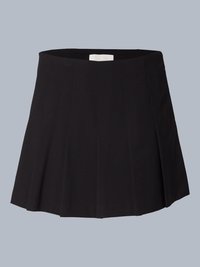Črna nabrana mini krila z gladko tkanino. Ima preprosto pasu in razširjen silhueto, kar omogoča strukturirano gibanje.