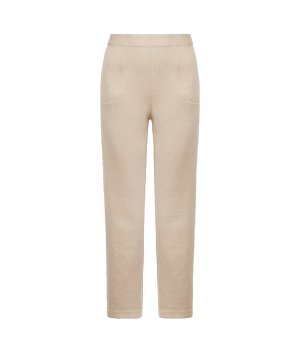 Beige bukser med lige ben, elastisk talje og forlommer, vist på hvid baggrund.