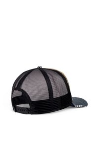 Schwarze Mesh-Trucker-Mütze mit gebogenem Schirm, ausgestattet mit einem bunten Design auf der Vorderseite und einer verstellbaren Snapback-Verschluss auf der Rückseite.