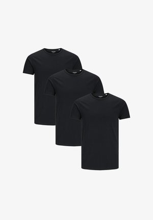 Drei schwarze Baumwoll-T-Shirts, die in einer Reihe präsentiert werden. Jedes hat einen Rundhalsausschnitt, kurze Ärmel und eine glatte, schlichte Textur.