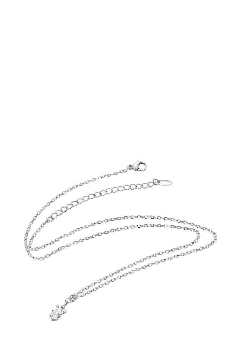 Sølv kæde halskæde med en lobster clasp; har en delikat kronevedhæng med en lille ædelsten; glat, poleret tekstur, let design.