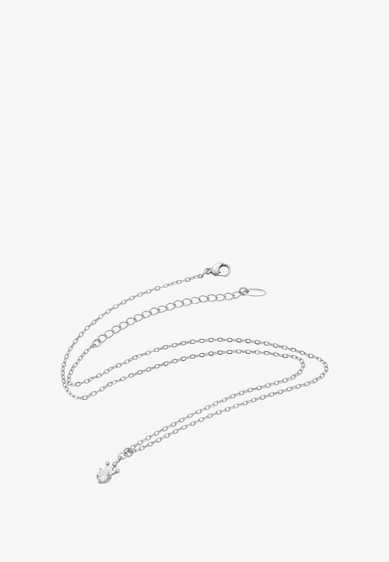 Sølv kæde halskæde med en lobster clasp; har en delikat kronevedhæng med en lille ædelsten; glat, poleret tekstur, let design.