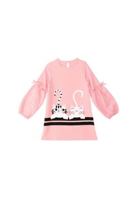 Robe rose avec des manches bouffantes élastiquées, présentant une bande noire et deux chats illustrés sur le devant. Tissu doux, col rond, trou en goutte d'eau au dos.