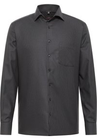 Dunkelgraues Langarm-Hemd mit Knopfleiste, das ein dezentes Texturmuster, einen klassischen Kragen, eine einzelne Brusttasche und eine Knopfschließe aufweist.
