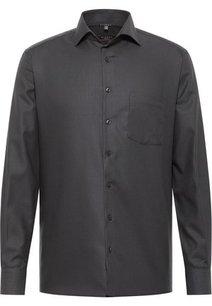 Donkergrijze longsleeve overhemd met knopen, met een subtiele textuurpatroon, standaard kraag, enkele borstzak en knoopsluiting.