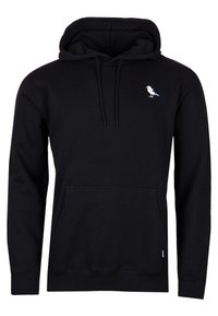 Sudadera con capucha negra hecha de mezcla de algodón, presenta un bolsillo tipo canguro y un pequeño gráfico de un pájaro azul y blanco en el pecho.