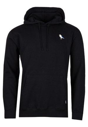 Felpa nera con cappuccio realizzata in misto cotone, presenta una tasca a marsupio e una piccola grafica di un uccellino blu e bianco sul petto.
