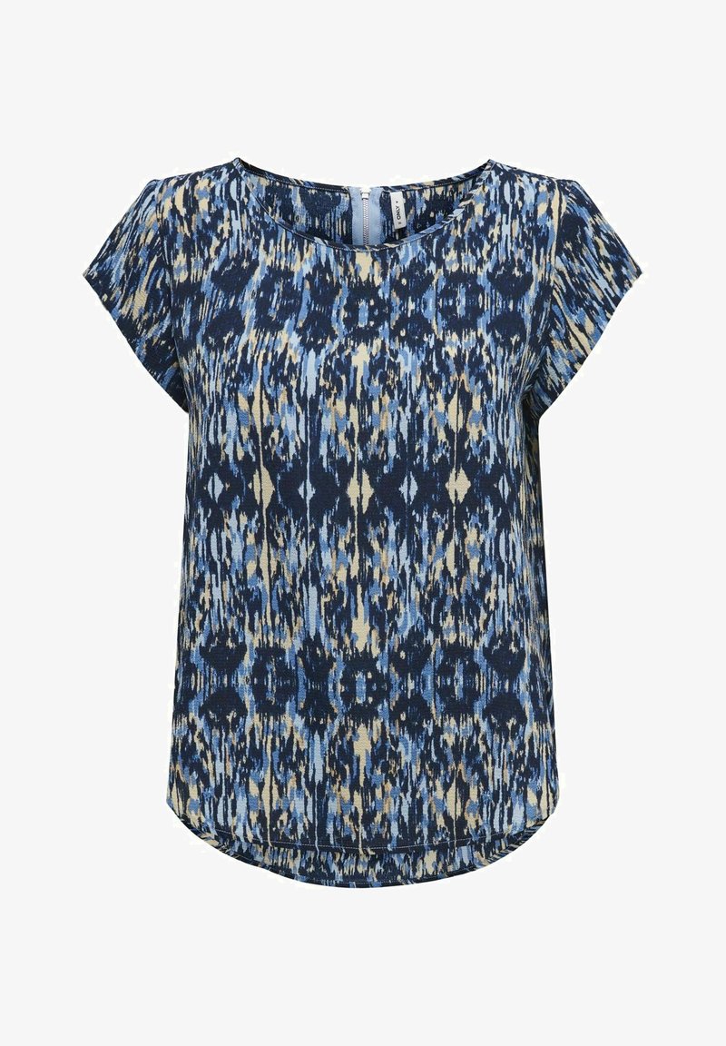 Blouse à manches courtes bleu et beige à motifs, col rond et fermeture éclair au dos.