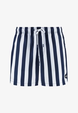 Costum de baie rayé în nuanțe de bleumarin și alb, cu un elastic la talie, închidere cu șnur și un mic logo pe partea din stânga față.