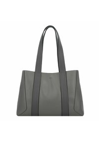 Borsa a tracolla in pelle grigia con due manici lunghi e strutturati e dettagli di cucitura sottili. Texture liscia e design minimalista.
