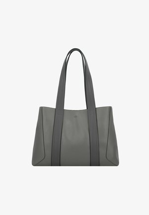 Borsa a tracolla in pelle grigia con due manici lunghi e strutturati e dettagli di cucitura sottili. Texture liscia e design minimalista.