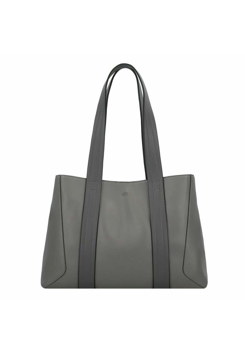 Borsa a tracolla in pelle grigia con due manici lunghi e strutturati e dettagli di cucitura sottili. Texture liscia e design minimalista.