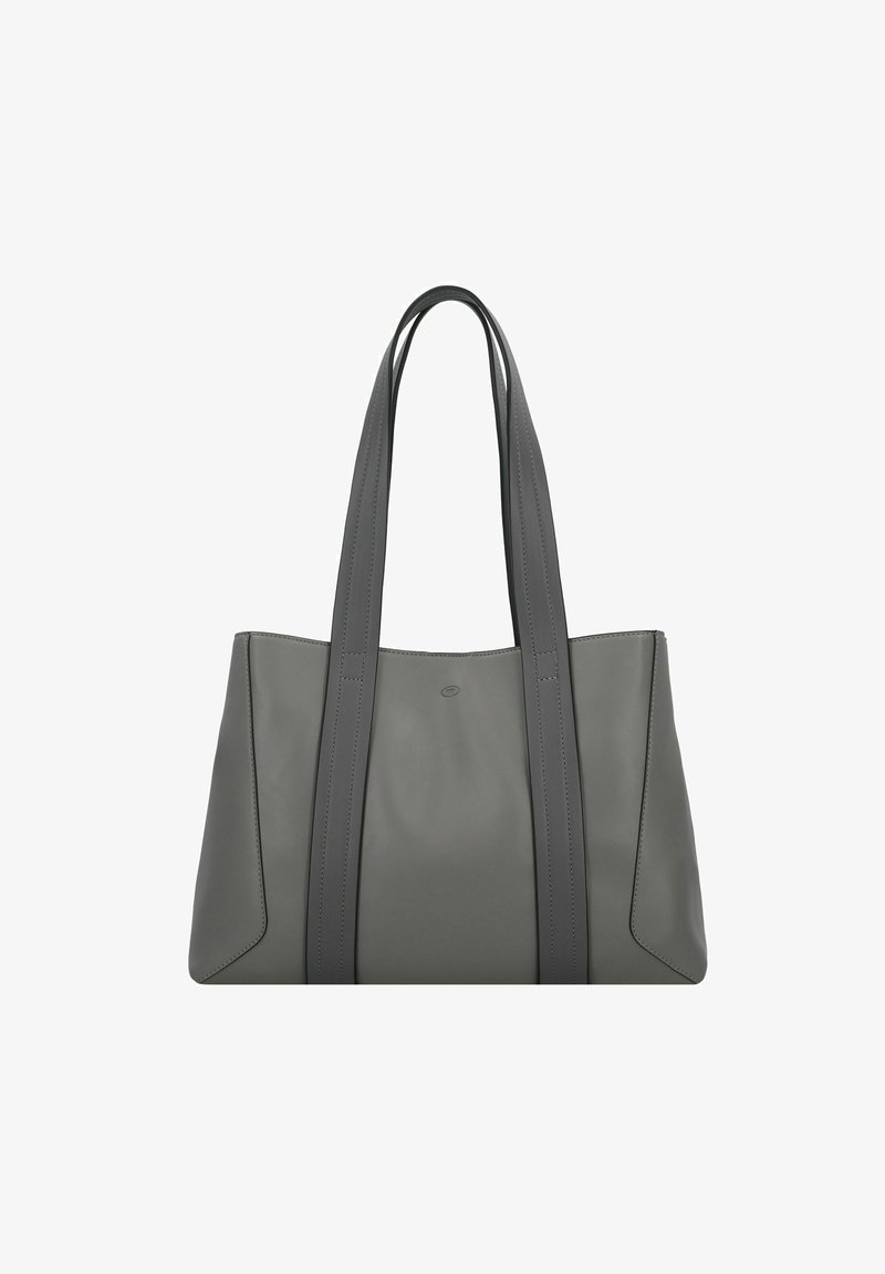 Graue Leder-Tasche mit zwei langen, strukturierten Griffen und subtilen Nähdetails. Glatte Textur und minimalistisches Design.