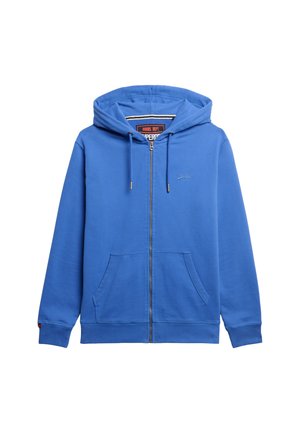 Blå lynlås hoodie lavet af blødt stof, med foret hætte, guld lynlås, to frontlommer og et lille logo på brystet.