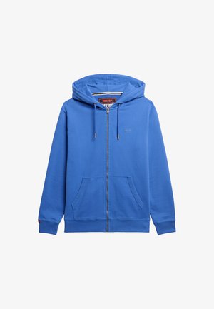 Blå lynlås hoodie lavet af blødt stof, med foret hætte, guld lynlås, to frontlommer og et lille logo på brystet.