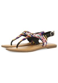 Sandalias planas con cuentas, con una correa de tobillo ajustable negra, suela marrón y un trabajo de cuentas colorido en varios patrones en la parte superior.