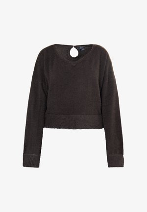 Mørkebrun cropped sweater med lange ærmer, V-udskæring og en cirkulær udskæring på bagsiden. Blød tekstur, ribbede manchetter og kant.