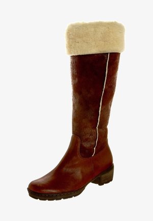Botte montante en cuir marron avec bordure en fourrure crème et détail de couture latérale, talon bas en bois et semelle texturée, idéale pour l'hiver.