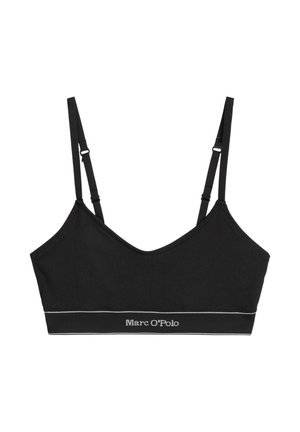 Black cropped bralette with adjustable thin straps and elastic band featuring "Marc O'Polo" logo in white.