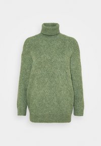 Pull à col roulé en tricot vert avec un motif texturé, manches longues et coupe décontractée. Fabriqué dans un matériau doux et chaud.