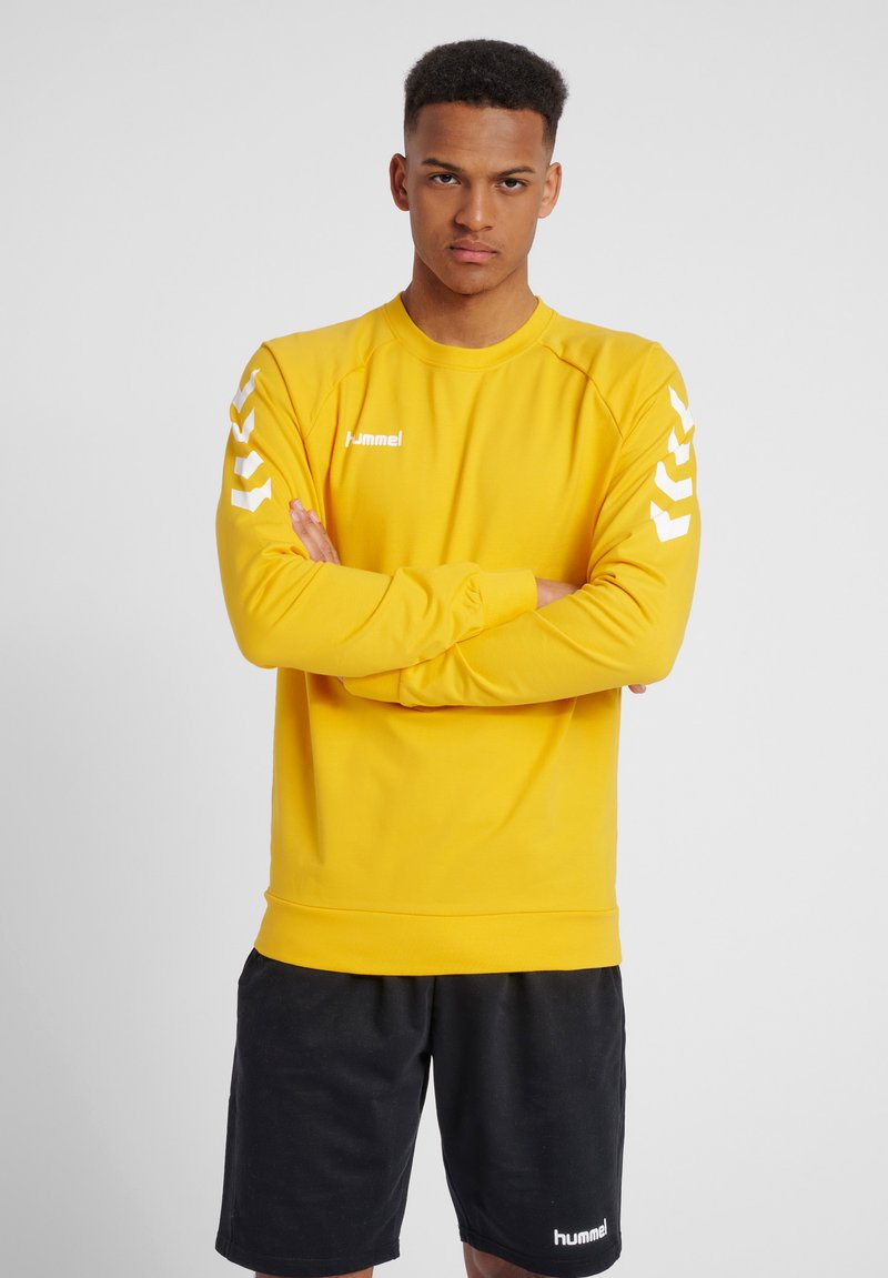 Geel sweatshirt met ronde halslijn en lange mouwen, voorzien van witte chevronontwerpen op de armen. Gepaard met zwarte shorts, minimalistisch ontwerp.