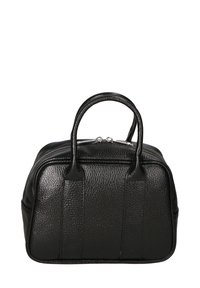 Borsa a tracolla nera in pelle con superficie textured, doppio manico superiore e chiusura a zip. Presenta accenti verticali sul davanti. Design compatto.