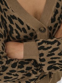 Cardigan à imprimé léopard marron avec un col en V, des poignets côtelés et une fermeture à un bouton. Tissu tricoté doux avec un motif texturé.