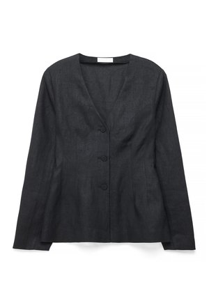 Blazer noir à manches longues, avec trois boutons sur le devant et un col en V, présenté à plat sur fond blanc.