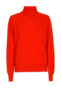 Roter Rollkragenpullover aus weichem Strickmaterial. Hat lange Ärmel, gerippte Bündchen und Saum sowie ein kleines Logo-Detail an der Seite.