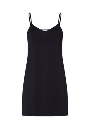 Zwarte slipdress met verstelbare spaghettibandjes, gemaakt van een soepele stof, met een rechte silhout en een subtiele ronde halslijn.