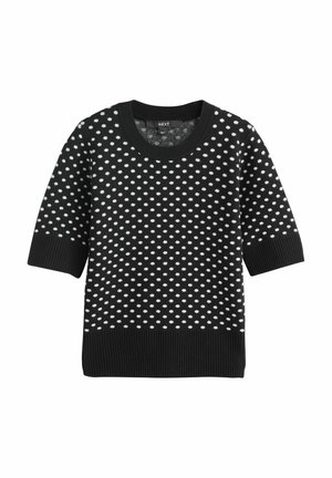Schwarzer, kurzärmeliger Strickpullover mit weißen Punkten sowie einem gerippten Rundhalsausschnitt und Saum. Weiche Textur, lässiges Design.