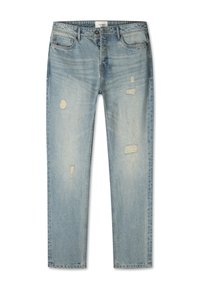 Lichtblauwe denim jeans met een slim fit, vervaagd en versleten met kleine scheuren en Patches op de bovenbenen en knieën.