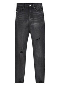 Lahkealahkeiset mustat farkut, joissa on rikkinäisiä kohtia, viisipokkinen malli, lievä haalistuma ja raakoja reunoja nilkoissa.