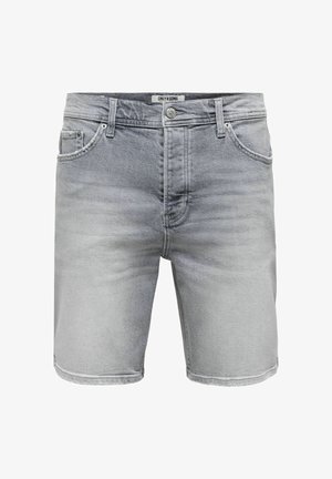 Helle graue Jeans-Shorts für Herren mit Knopf- und Reißverschluss, Vordertaschen und Gürtelschlaufen, mit dem Markenschriftzug „Only & Sons“ im Bund.