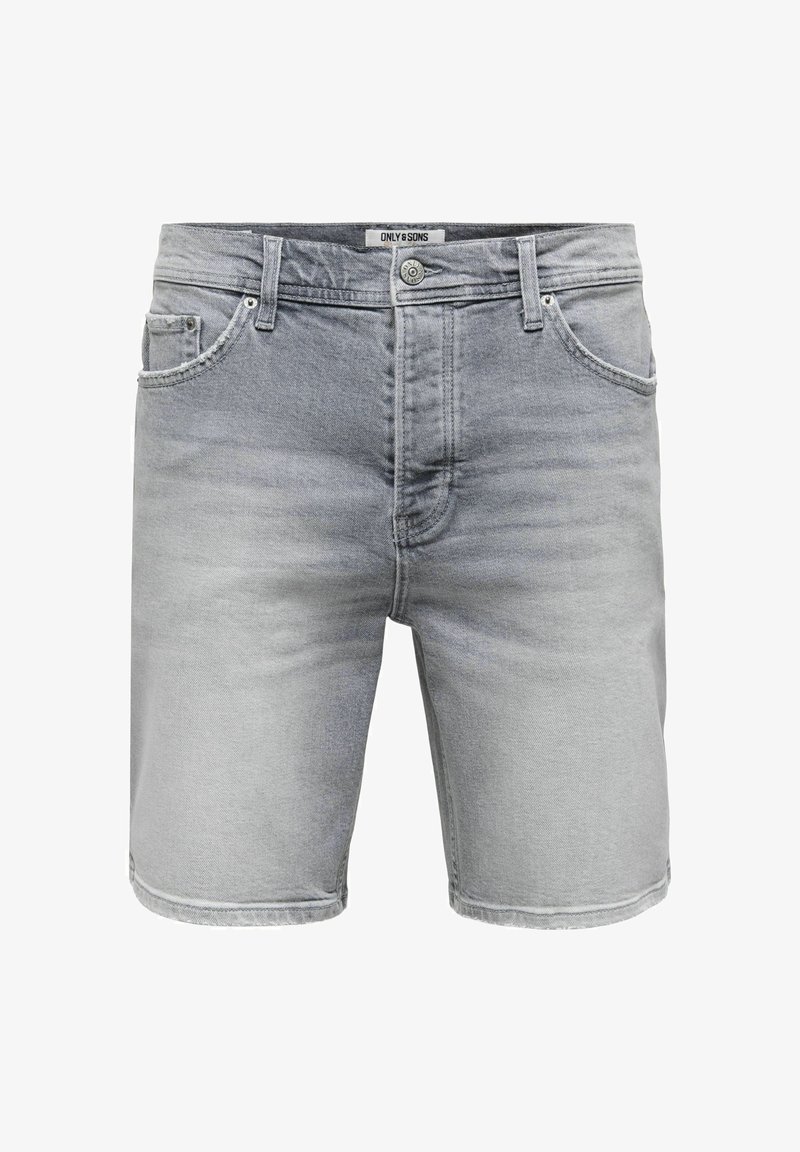 Short en jean gris clair pour homme avec fermeture par bouton et zip, poches avant et passants de ceinture, marqué "Only & Sons" sur la ceinture.