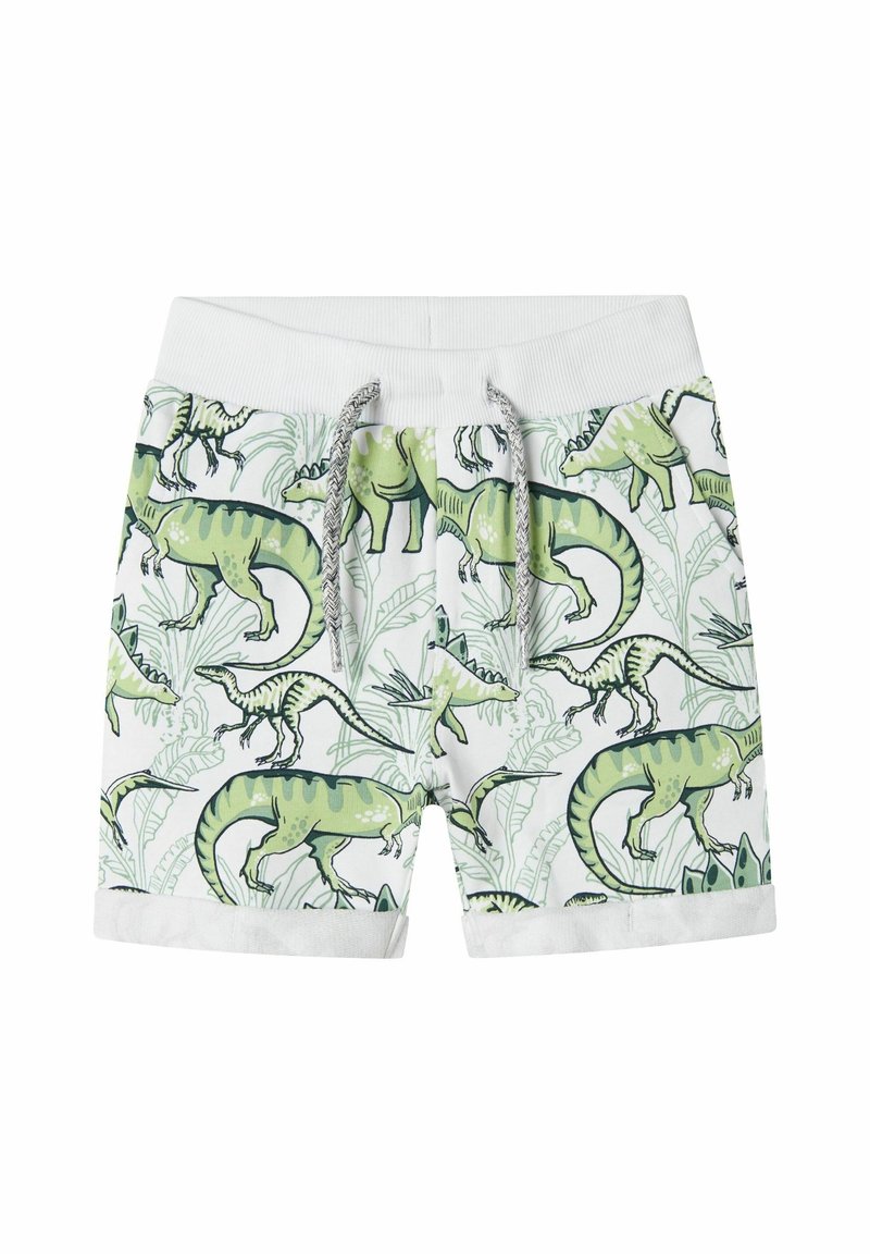 Shorts blancs pour enfants avec motifs de dinosaures verts, taille élastique et lien de serrage gris.