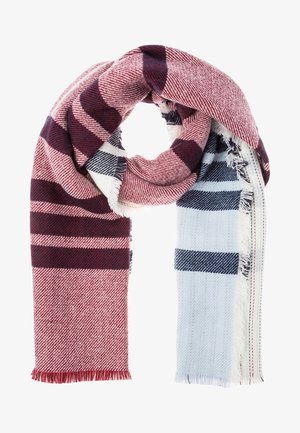 Miękki tkany szalik z poziomymi paskami w kolorach bordowym, różowym, jasnoniebieskim i granatowym, z frędzlami na krawędziach i przewieszony w pętlę.