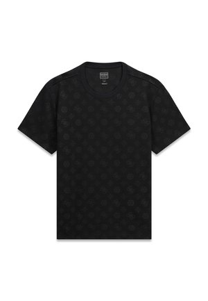 T-shirt nera a maniche corte con scollo rotondo, impreziosita da un delicato motivo in rilievo con loghi e simboli Guess su tutta la superficie.