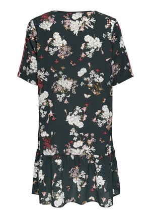 Blomstret kjole med mørkegrøn baggrund, korte ærmer, rund halsudskæring og flæsekant. Lavet af letvægtsstof.