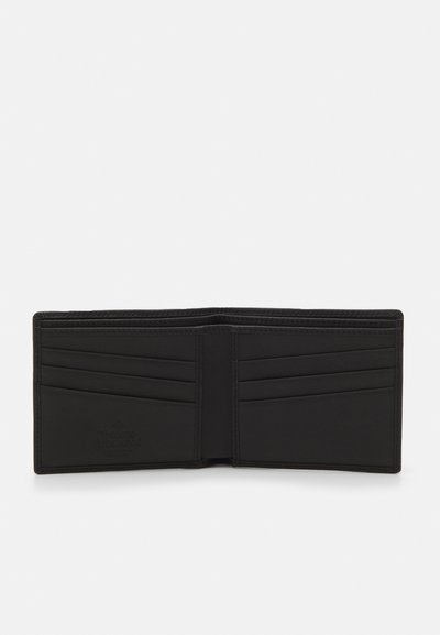 Black leather wallet with six card slots and a textured interior. The design is minimalist, featuring stitched edges and subtle branding.